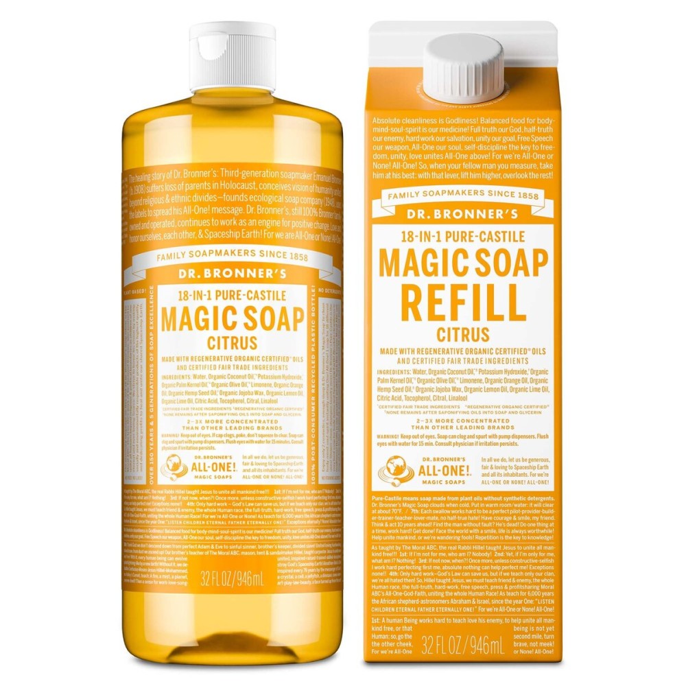 Dr. Bronner\'s Pure-Castile Magic Soap Liquid, Citrus, Made with Organic Oils for Body, Face, Hair, Dishes, Laundry, Vegan Bath Soaps for Men & Women, Non-GMO, 18-in-1 Multi-Use - Citrus, 32oz + Refill