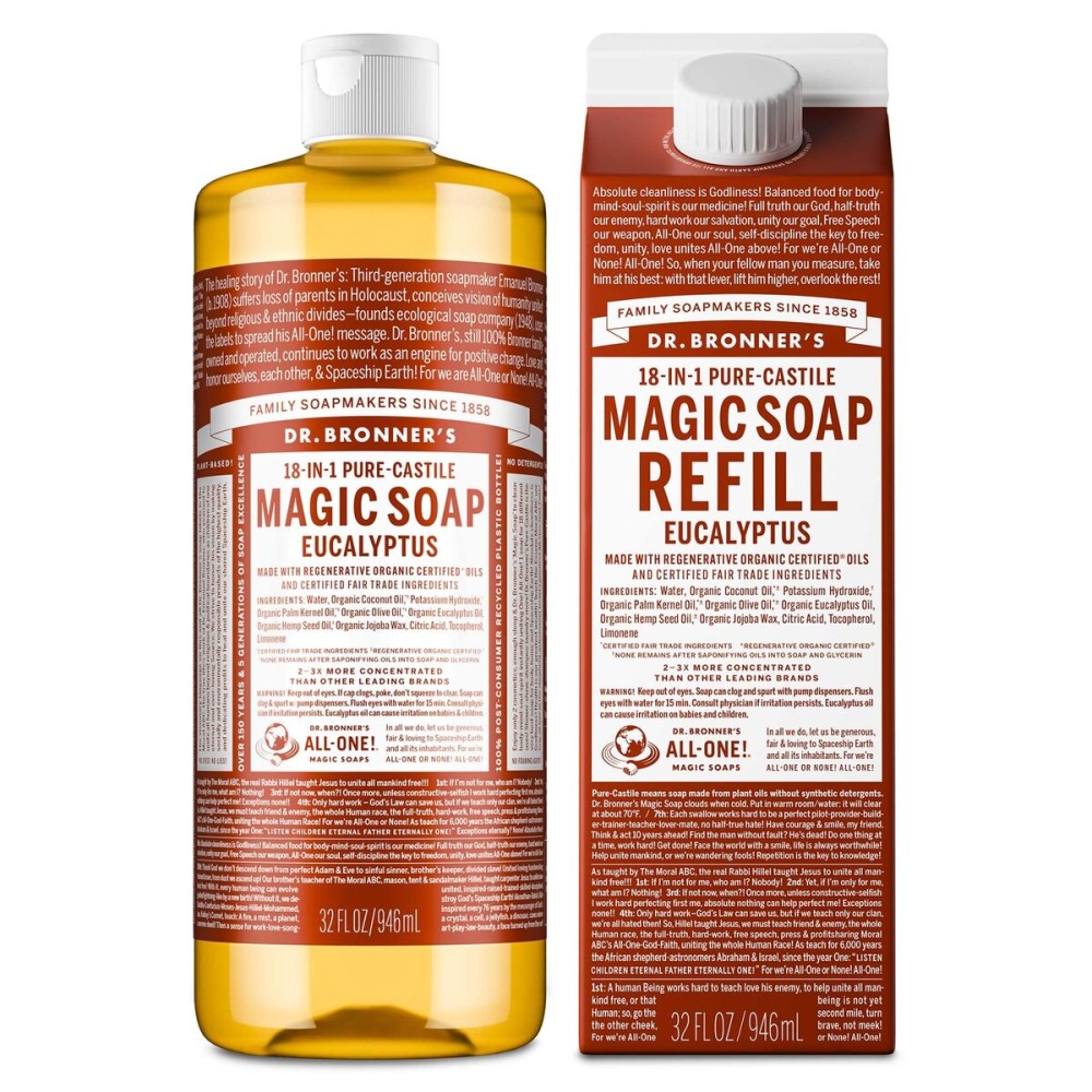 Dr. Bronner\'s Pure-Castile Liquid Magic Soap Bottle & Refill Carton - Made with Regenerative Organic Certified Oils- 18-in-1 Uses for Face, Body Wash, Hand Soap Refill- Eucalyptus, 32oz + Refill