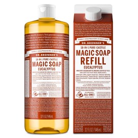 Dr. Bronner\'s Pure-Castile Liquid Magic Soap Bottle & Refill Carton - Made with Regenerative Organic Certified Oils- 18-in-1 Uses for Face, Body Wash, Hand Soap Refill- Eucalyptus, 32oz + Refill