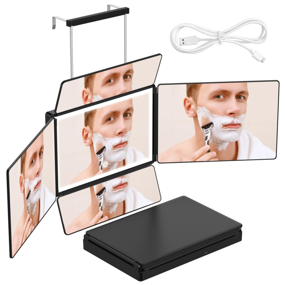 OLIBUY 5 Way Mirror, 360 Mirror for Self Hair Cutting and Brading Hair, Clear Anti-Fog HD Glass, USB Rechargeable, Portable Height Adjustable Telescoping Hooks