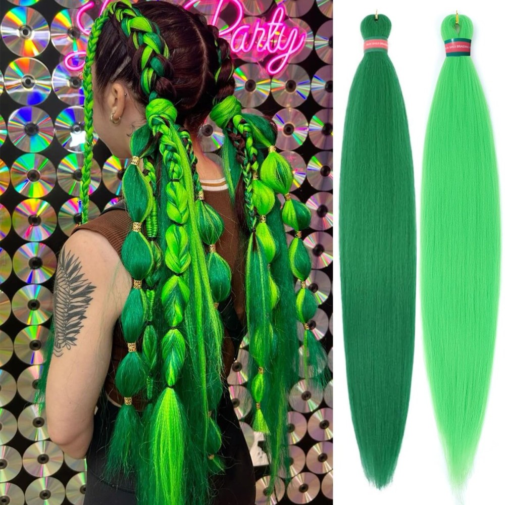 Green+Light Green Pre stretched Braiding Hair 2 Packs Pre feathered Braid Hair Extensions 30 Inches Hair Braids