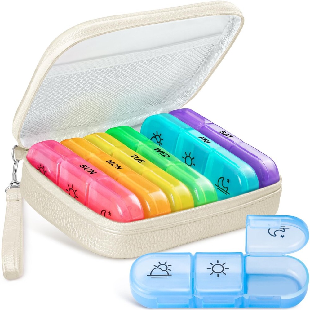 AMOOS Cute Pill Organizer 3 Times a Day, Large Daily Pill Case for Women, Portable Pill Box 7 Day for Purse with Bag & Zipper to Hold Vitamins, Medications, Fish Oils, Supplements (Beige)