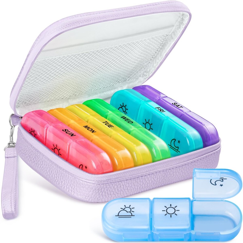 AMOOS Cute Pill Organizer 3 Times a Day, Large Daily Pill Case for Women, Portable Pill Box 7 Day for Purse with Bag & Zipper to Hold Vitamins, Medications, Fish Oils, Supplements (Purple)