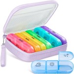 AMOOS Cute Pill Organizer 3 Times a Day, Large Daily Pill Case for Women, Portable Pill Box 7 Day for Purse with Bag & Zipper to Hold Vitamins, Medications, Fish Oils, Supplements (Purple)