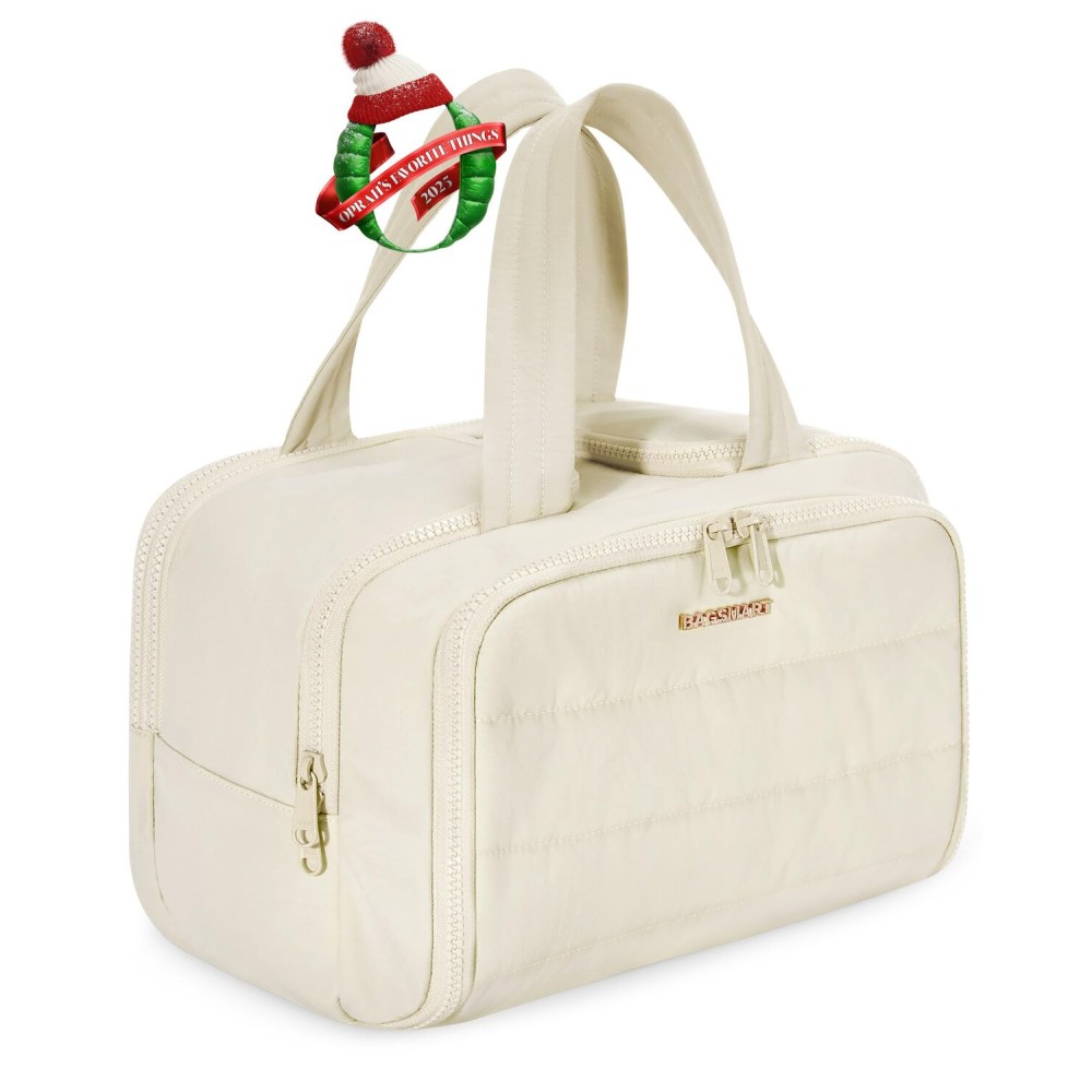BAGSMART Travel Toiletry Bag, Crush Toiletry Bag for Women, Wide-open Puffy Toiletry Bags for Traveling, Large Travel Cosmetic Makeup Bag Organizer for Accessories,Toiletrie, Beige