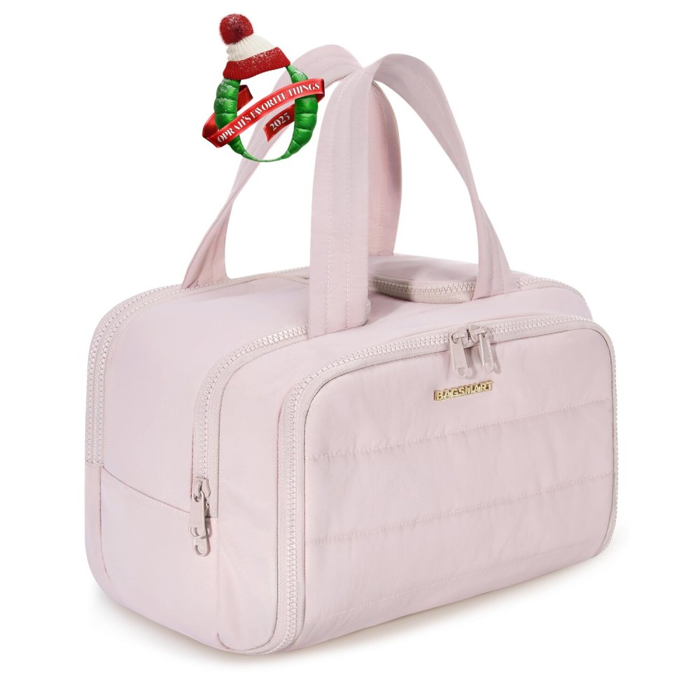 BAGSMART Travel Toiletry Bag, Crush Toiletry Bag for Women, Wide-open Puffy Toiletry Bags for Traveling, Large Travel Cosmetic Makeup Bag Organizer for Accessories,Toiletrie, Pink