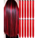 Olldag 12 PCS Red Hair Extensions Clip in, 22 Inch Colored Hair Extensions Party Highlights Long Straight Synthetic Hairpieces for Women Kids Girls Cosplay