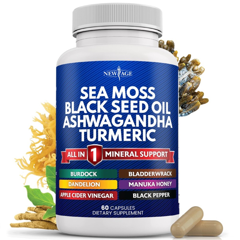 NEW AGE Sea Moss Black Seed Oil Ashwagandha Turmeric Bladderwrack Burdock - with Manuka, Honey Dandelion, ACV Black Pepper Gluten Free