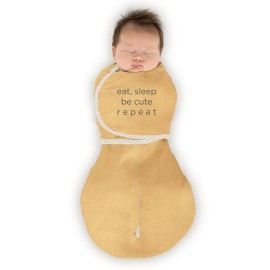 SwaddleDesigns 6-Way Omni Swaddle Sack, Arms Up Swaddle for Newborn, More Options to Calm Startle Reflex, Improves Sleep, Easy Transition Baby Sleep Sack, Small, 0-3 Month, Gold, Eat Sleep Be Cute
