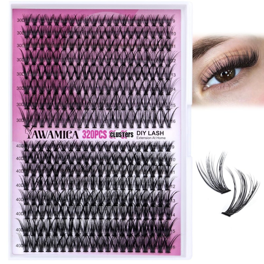 Lash Clusters Eyelash Extensions 320pcs Individual Lashes 9-16mm Mix 30D 40D Eyelash Clusters D Curly DIY Lash Extension at Home for Beginners by Yawamica