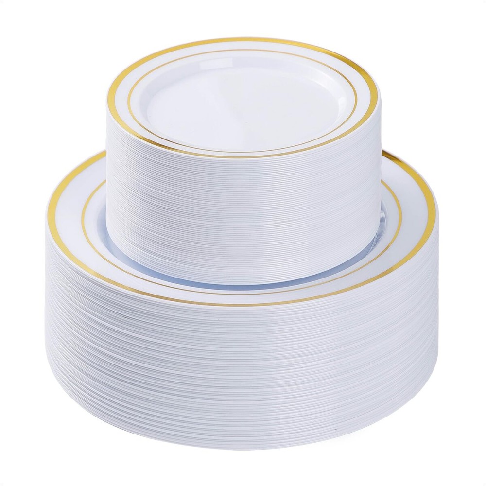 BESTVIP 100PCS Gold Plastic Plate, Disposable Party Plates with 50 Dinner Plates and 50 Dessert Plates, Plastic Plate for Parties, Wedding and Birthday