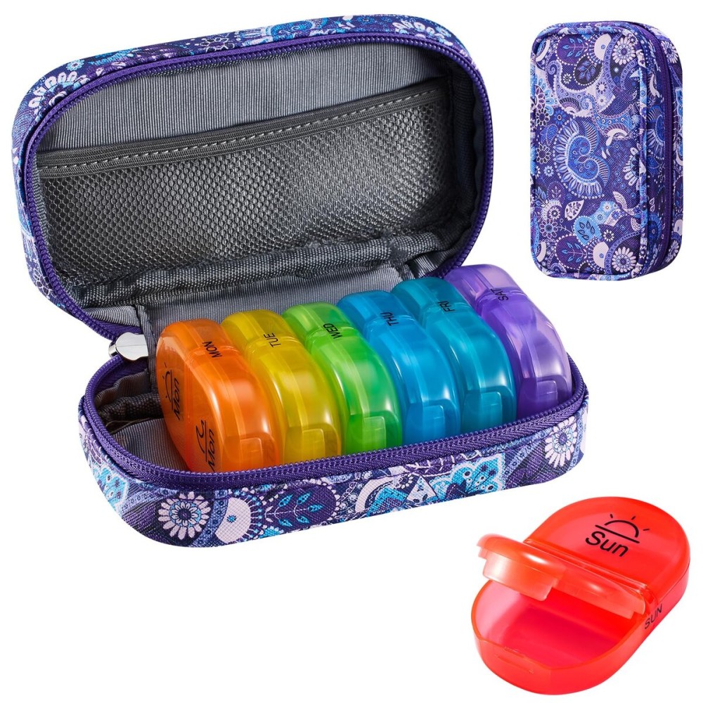 Serfeymi Weekly Travel Pill Organizer 2 Times A Day AM PM Upgraded Rainbow Pill Box 7 Day with Portable Zipper PU Leather Pill Case, Medicine Organizer for Pills, Vitamins, Fish Oils - Purple-01