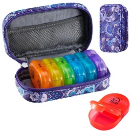 Serfeymi Weekly Travel Pill Organizer 2 Times A Day AM PM Upgraded Rainbow Pill Box 7 Day with Portable Zipper PU Leather Pill Case, Medicine Organizer for Pills, Vitamins, Fish Oils - Purple-01