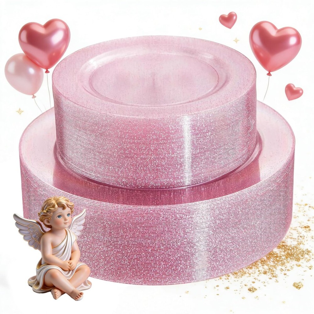 WDF 120pcs Pink Plastic Plates Disposable - Clear Pink Glitter Plates for Valentine\'s Day/Wedding including 60PCS Dinner Plates 10.25inch and 60PCS Salad Plates 7.5inch for Wedding/Party
