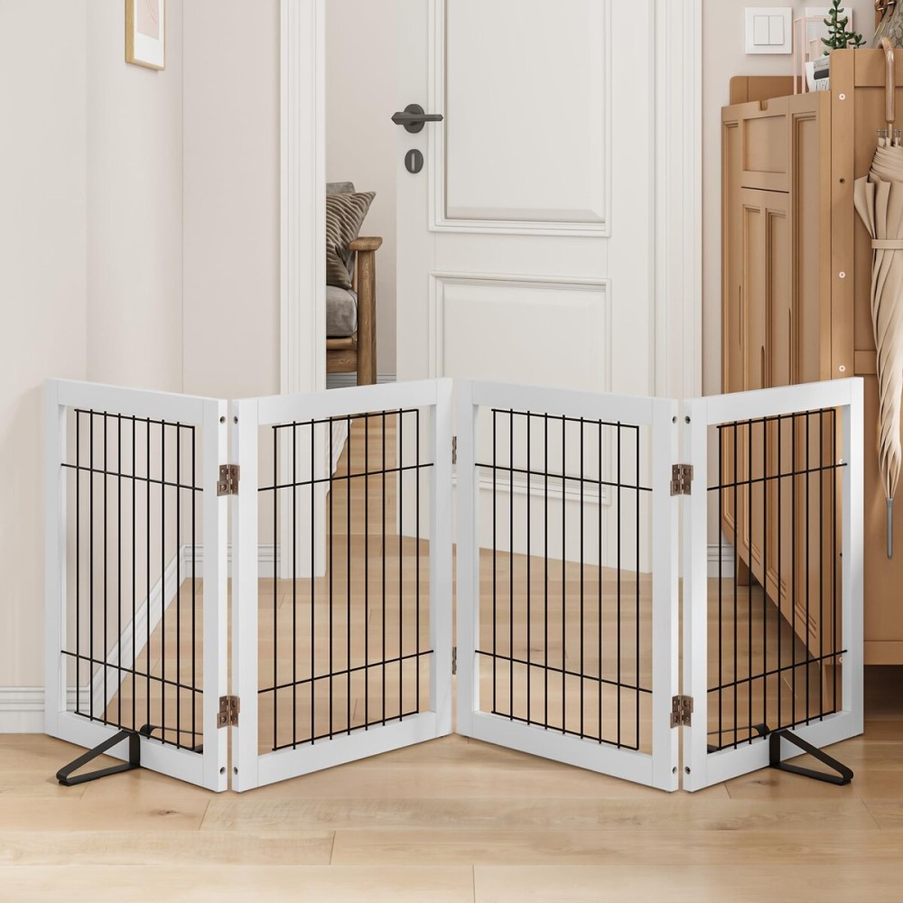 Mino Kesper Dog Gate Indoor, Metal Dog Gates for Doorways House, 24-Inch Freestanding Pet Gates for Dogs, Puppy Fence (4 Panel, White)
