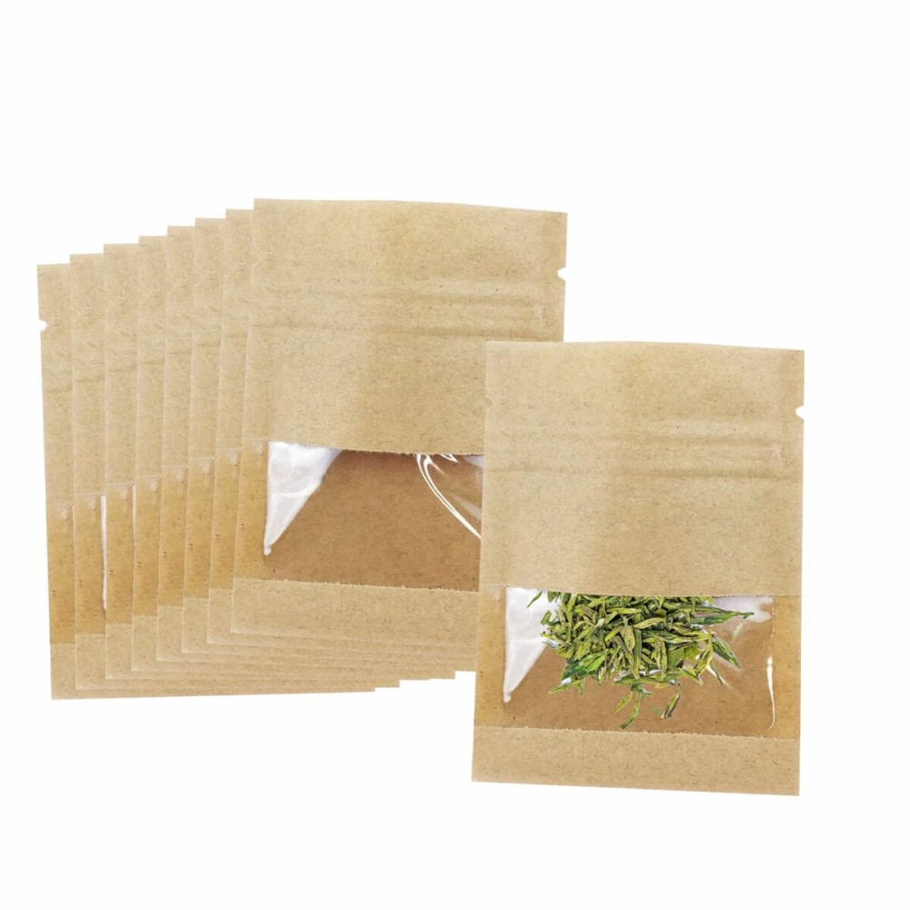 100 PackClear Window Airtight Brown Kraft Paper for Zip Food Storage Lock Small Mini Papar Bags Reclosable Seal Zipper Pouch Coffee Packaging Sample Bags for Small Business 2.75x3.5
