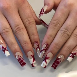 BABALAL coffin Press-on Nails French Glue on Nails White, Red Star Rhinestone Acrylic 24pcs Ballerina Y2k Artificial False Nails for Women & Girls
