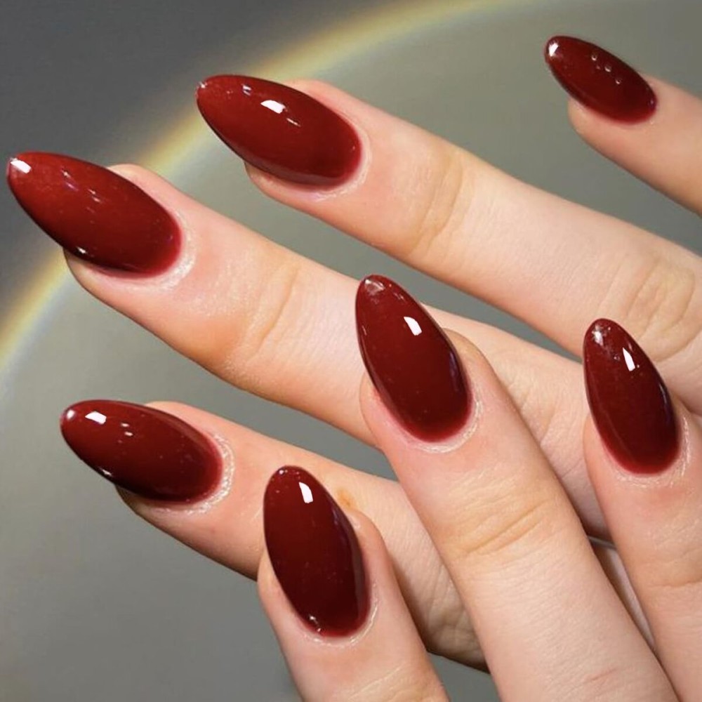 GLAMERMAID Dark Red Press on Nails Medium Almond, Velvet Matte Burgundy Gel False Nals, Stiletto Dull Deep Red Glue on Nails Kit for Women, Reusable Short Oval Stick on Acrylic Fake Nails Manicure Set