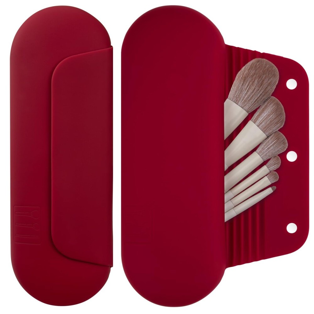 AGIKET Silicone Makeup Brush Holder Travel Cosmetic BagSoft Portable Cosmetic Face Brushes Holder with Upgrade Anti-Fall Out Magnetic Closure, Large Travel Makeup Brush Case - Red