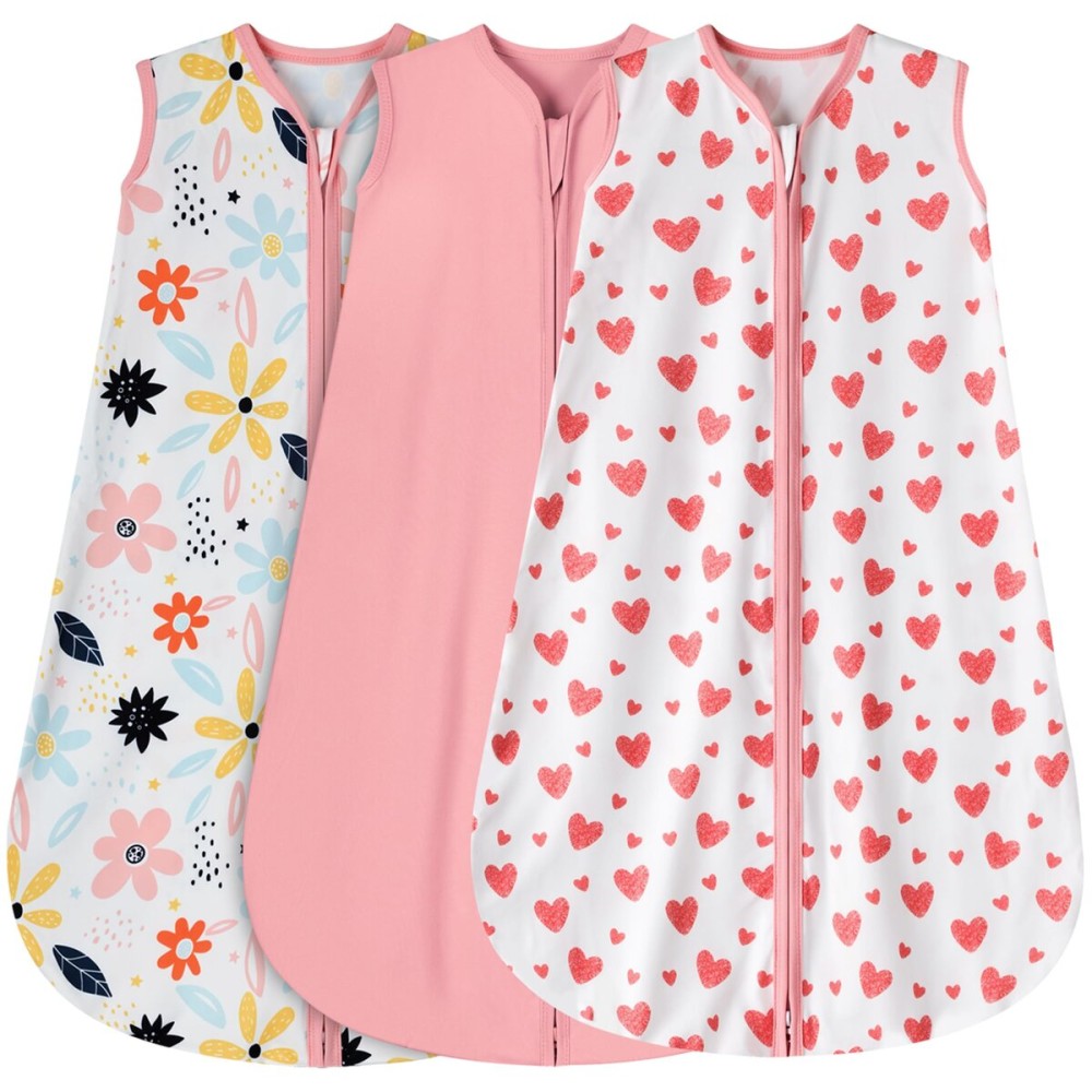 BSTOPPT 3 Pack Baby Sleep Sack 0-6 Months 100% Rayon Cotton Baby Sleeping Bag 2-Way Zipper Toddler Wearable Blankets Comfy Stretchy Lightweight TOG 0.3 Heart&Pink&Floral