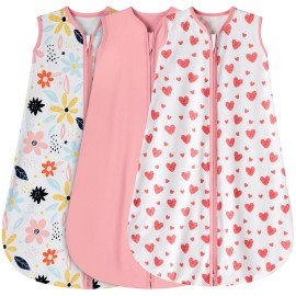 BSTOPPT 3 Pack Baby Sleep Sack 18-24 Months 100% Rayon Cotton Baby Sleeping Bag 2-Way Zipper Toddler Wearable Blankets Comfy Stretchy Lightweight TOG 0.3 Heart&Pink&Floral