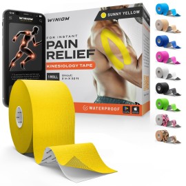 Kinesiology Tape-Incredible Support for Athletic Sports and Recovery + Free Taping Guide-Uncut 2 inch 32 feet Roll (Sunny Yellow + Free Taping Guide, Pack of 1)