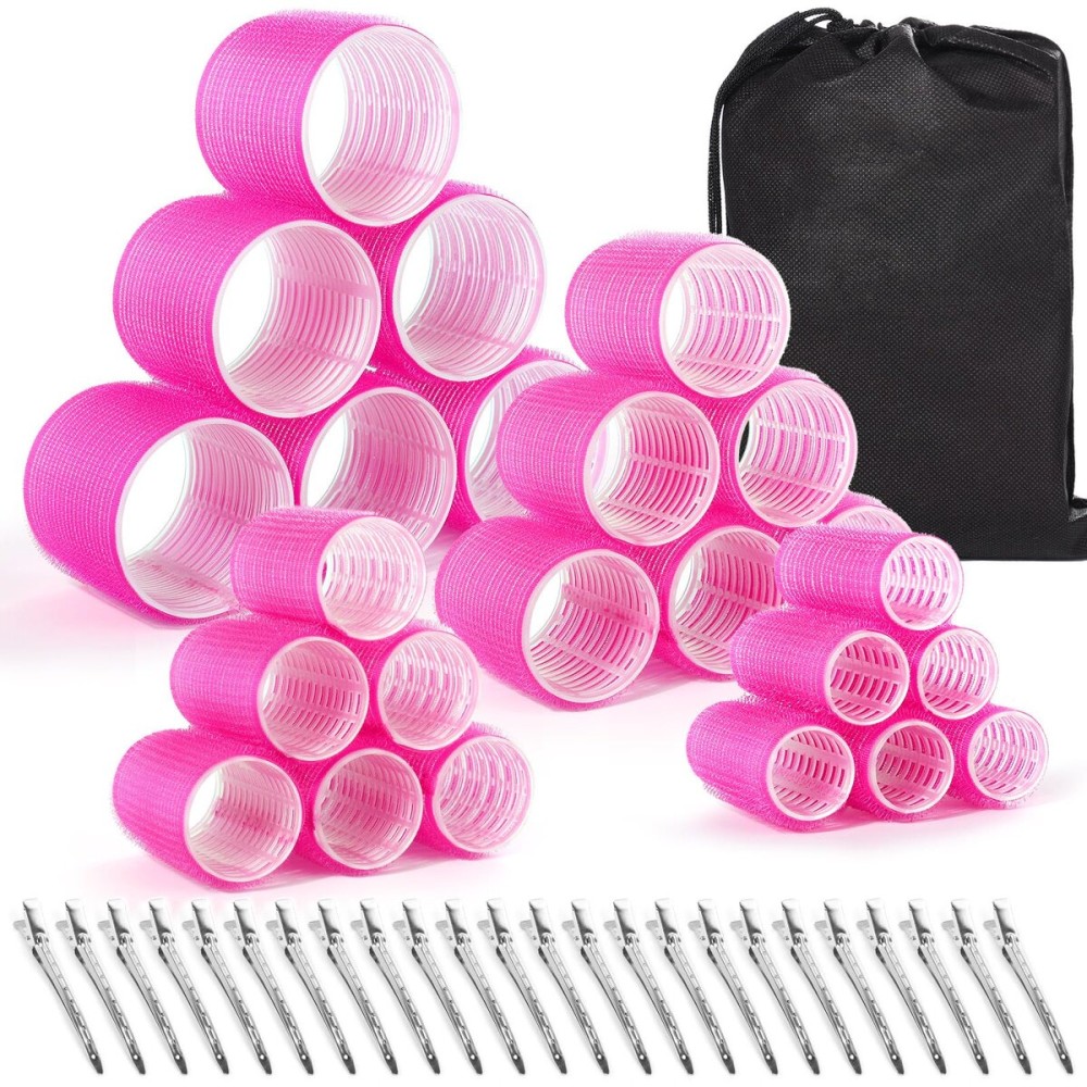 shynek Hair Rollers 48 Pcs Set, 24Pcs Hair Rollers 4 Sizes and 24 Pcs Hair Clips for Long Medium Short Hair (Pink)