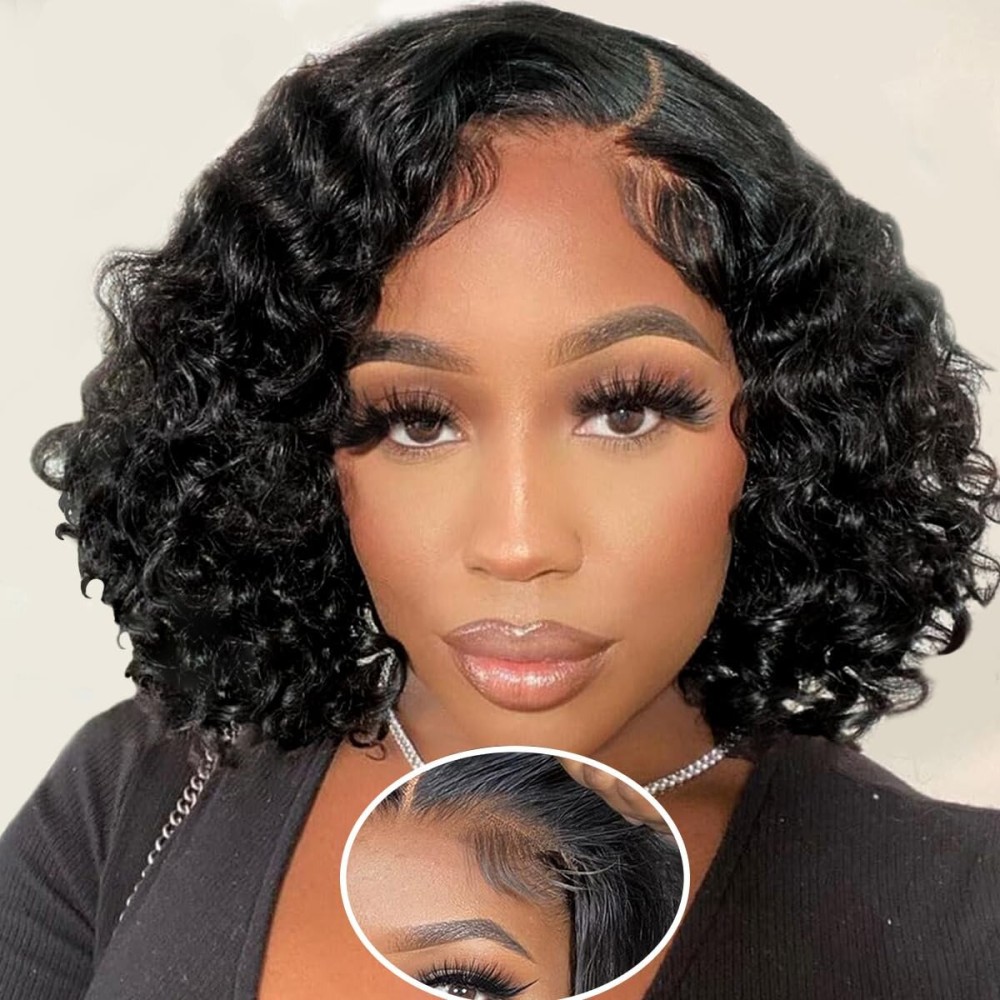 Bob Wig Human Hair Glueless Wigs Human Hair Pre Plucked with Baby Hair 180% Density Deep Wave Lace Front Wigs Human Hair 10 Inches Natural Black