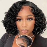Bob Wig Human Hair Glueless Wigs Human Hair Pre Plucked with Baby Hair 180% Density Deep Wave Lace Front Wigs Human Hair 10 Inches Natural Black
