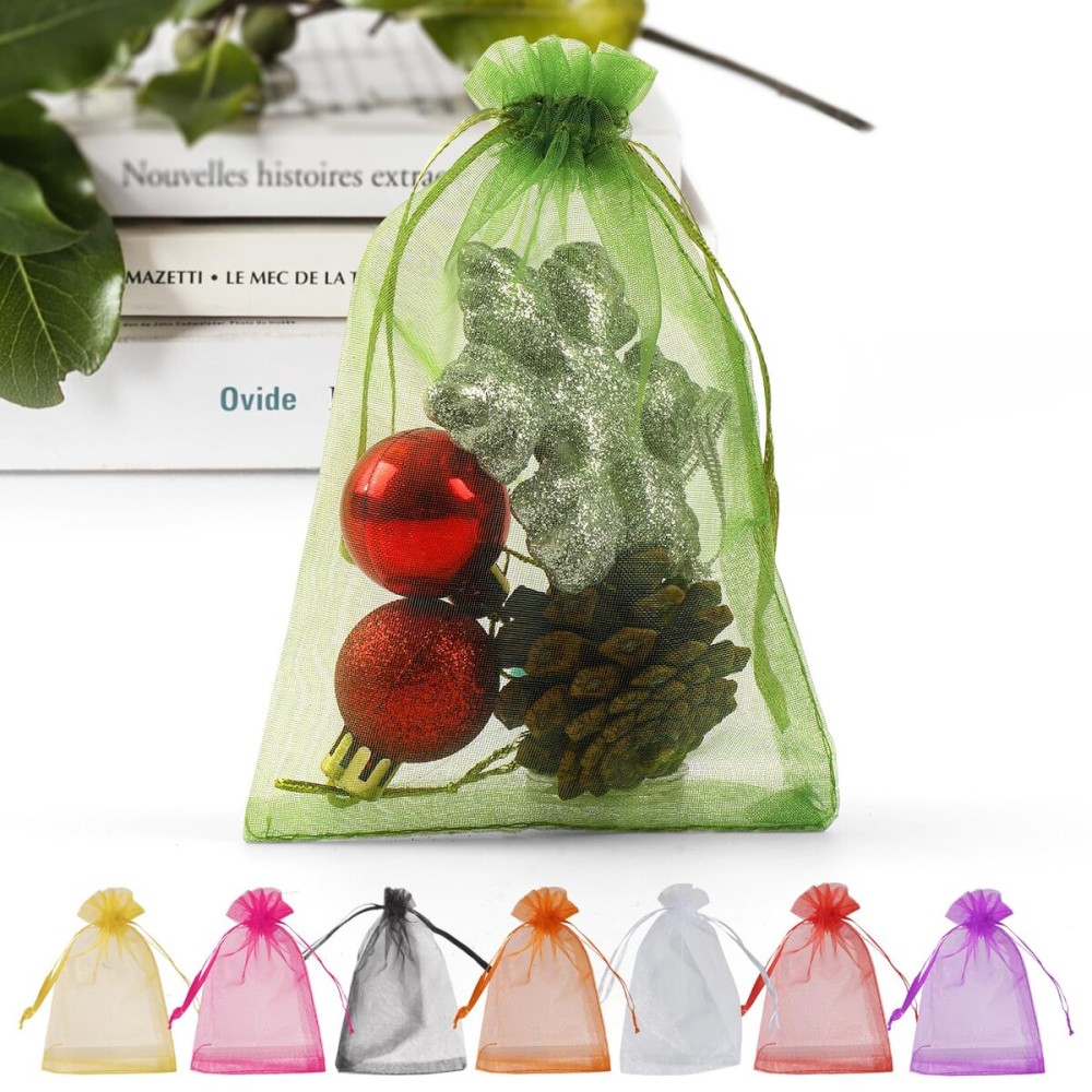 ANZNKU 50 Pack Green Organza Bags 5 x 7 Inch, Gift Bags Small Size Sheer Favor Bag with Drawstring, Small Mesh Bag For Christmas Party Wedding