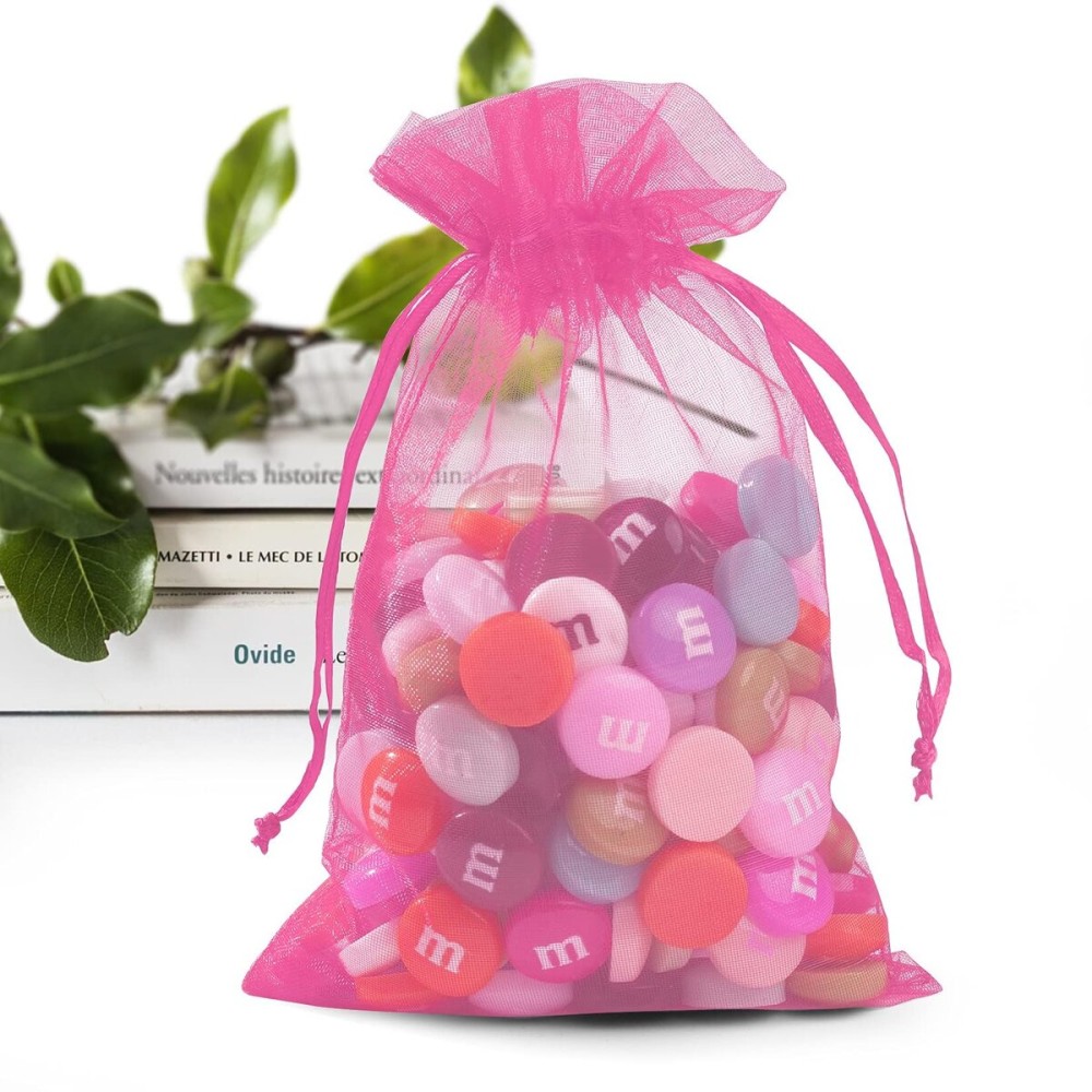 ANZNKU 50 Pack Hot Pink Organza Bags 4 x 6 inch Premium Sheer Drawstring Small Mesh Bags for Candy Jewelry Party Wedding Christmas Favor Gift Bags