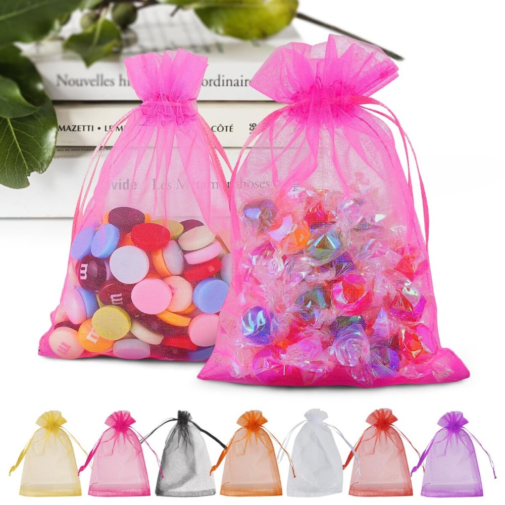 ANZNKU 100 PCS Hot Pink Organza Bags 5 x 7 inch Small Mesh Bags, Mesh Drawstring Gift Bag for Christmas Candy Party Wedding Favor