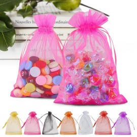 ANZNKU 100 PCS Hot Pink Organza Bags 5 x 7 inch Small Mesh Bags, Mesh Drawstring Gift Bag for Christmas Candy Party Wedding Favor