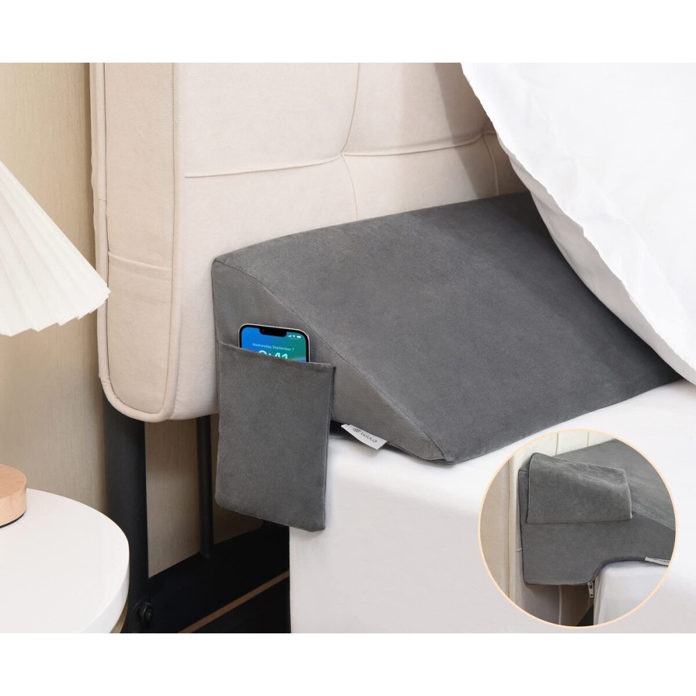 Vekkia Full Bed Wedge Pillow for Headboard Gap Filler(0-5),High-Density Foam,Prevents Pillows & Items from Falling,Ergonomic Design,Large Storage Pockets, Removable&Washable Cover,Gray,54\'\'x10\'\'x6\'\'