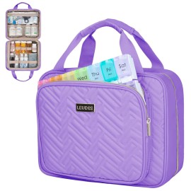Leudes Travel Pill Bottle Organizer,Medicine Organizer and Storage,Home Medication Bag, Cases,Carrier for Pills,Vitamin,Fish Oil,Supplements for Women and Men (Large, Purple)
