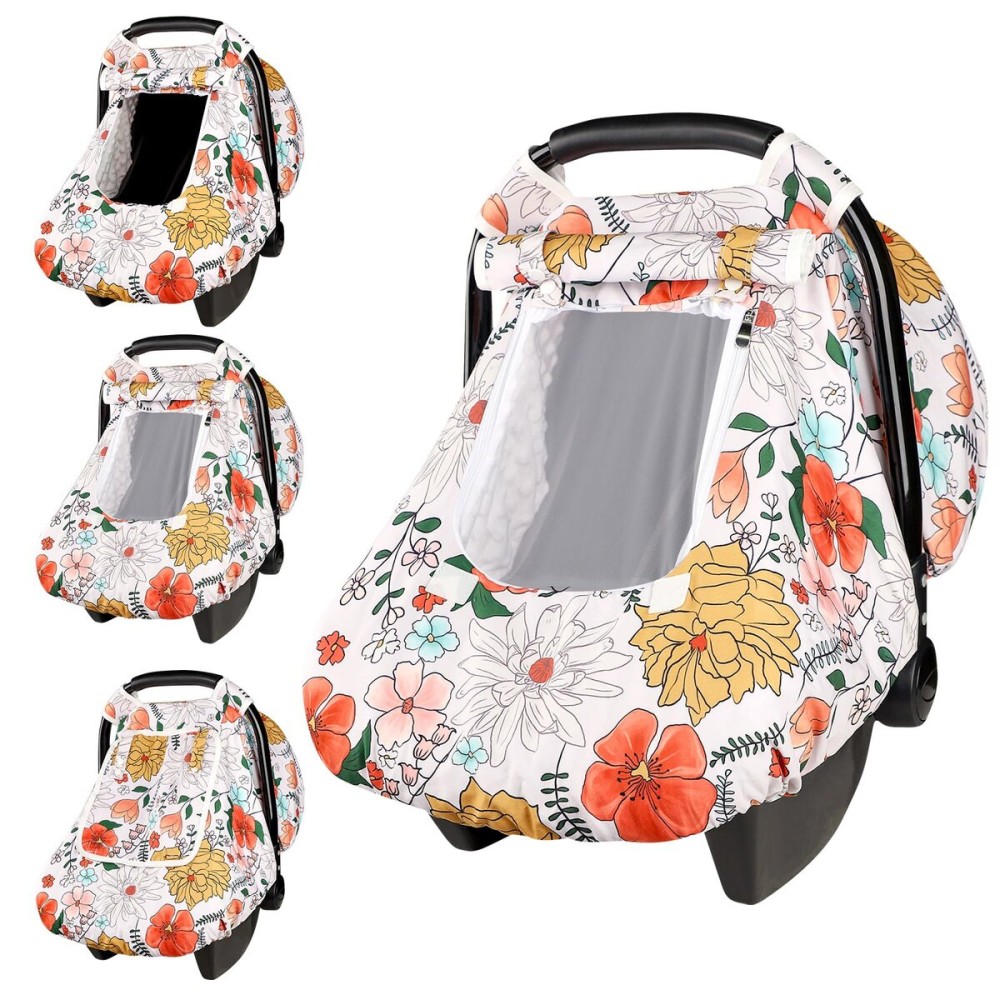 Baby Carseat Cover Girls, Pea Pod Infant Car Seat Covers Canopy for Newborn with 2 Layers Windows of Breathable Mesh/Fabric, Lightweight Polyester/Minky Dot Backing, Snug Fit Most Baby Car Seat