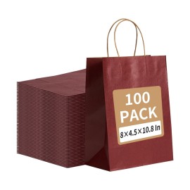 RACETOP 100 Pack 8x4.5x10.8 Inch Medium Red Paper Gift Bags with Handles Bulk, Kraft Bags, Shopping Bag for Boutique, Wedding Party Favor, Merchandise, Retail, Small Business