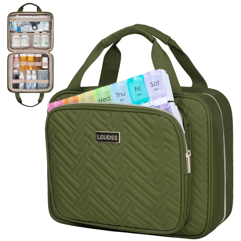 Leudes Travel Pill Bottle Organizer,Medicine Organizer and Storage,Home Medication Bag, Cases,Carrier for Pills,Vitamin,Fish Oil,Supplements for Women and Men (Large, Army Green)