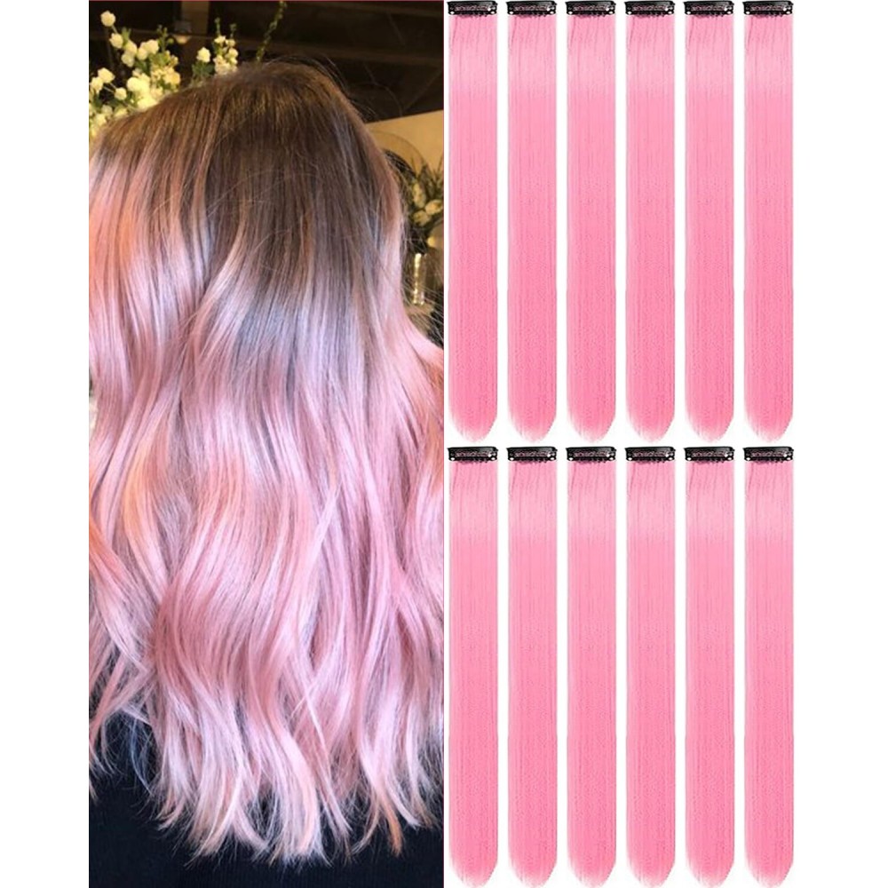 Olldag 12 PCS Pink Hair Extensions Clip in, 22 Inch Colored Hair Extensions Party Highlights Long Straight Synthetic Hairpieces for Women Kids Girls Cosplay