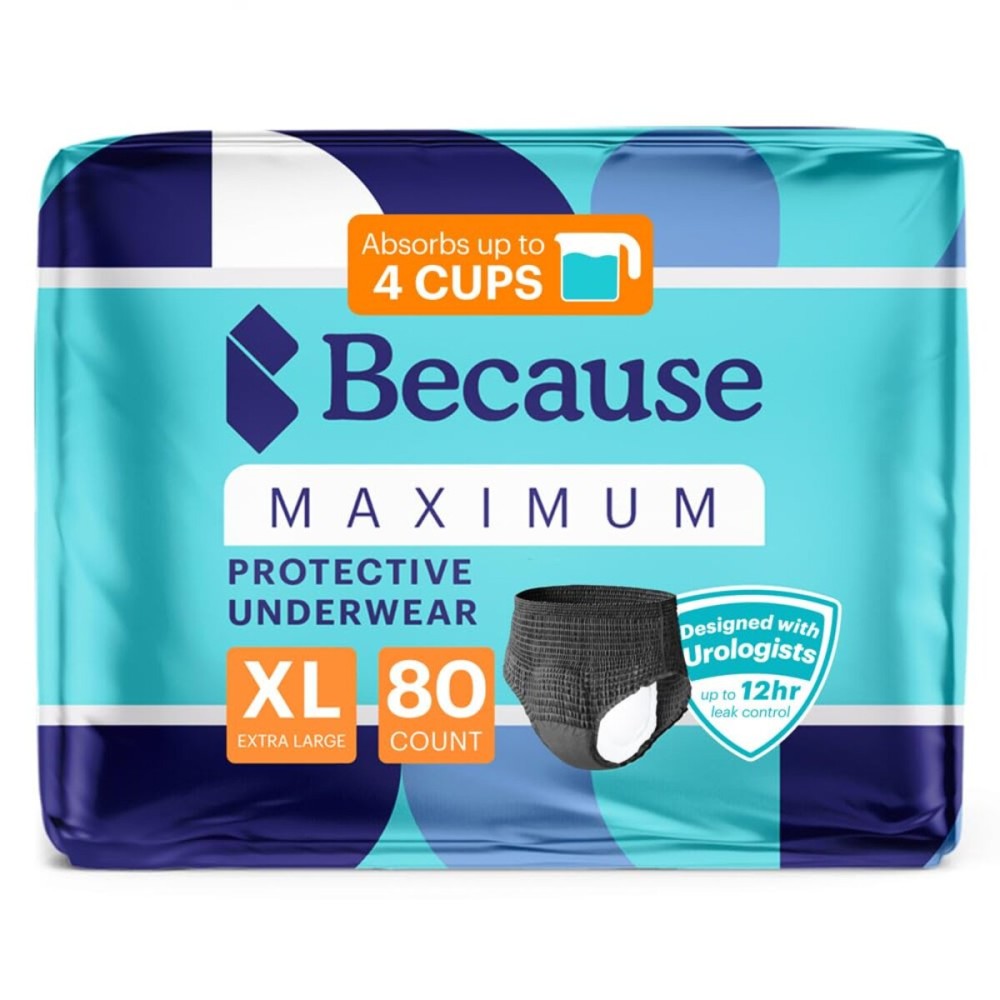 Because Premium Maximum Absorbency Adult Incontinence and Postpartum Bladder Leak Underwear for Women, Heavy Absorbency, Disposable, Black, XLarge, 80 Count (4 Packs of 20)
