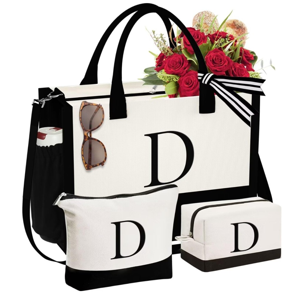 YOOLIFE Birthday Gifts for Sister - Initial Canvas Tote Bag & Makeup Bag, Letter D