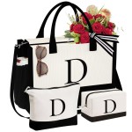 YOOLIFE Birthday Gifts for Sister - Initial Canvas Tote Bag & Makeup Bag, Letter D