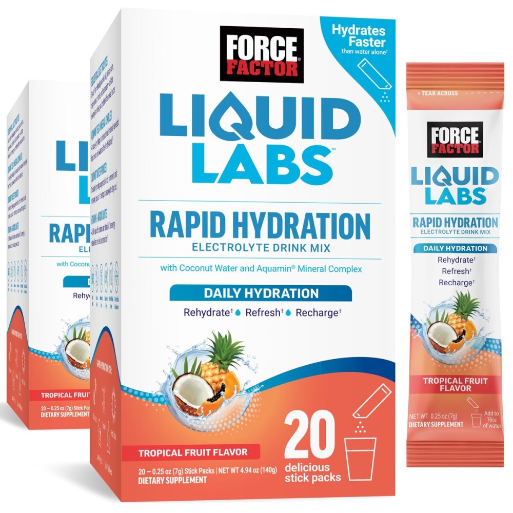 Force Factor Liquid Labs Electrolytes Powder, Hydration Packets to Make Electrolyte Water with 5 Essential Electrolytes, Vitamins, and Antioxidants, Tropical Fruit Flavor, 40 Stick Packs, 2-Pack
