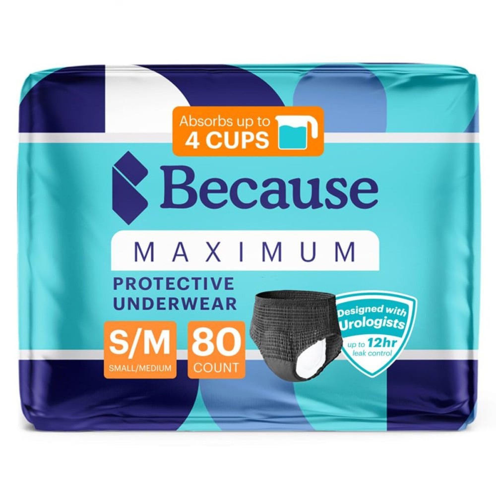 Because Premium Maximum Absorbency Adult Incontinence and Postpartum Bladder Leak Underwear for Women, Heavy Absorbency, Disposable, Black, Small/Medium, 80 Count (4 Packs of 20)