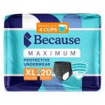 Because Premium Maximum Absorbency Adult Incontinence and Postpartum Bladder Leak Underwear for Women, Heavy Absorbency, Disposable, Black, XLarge, 20 Count