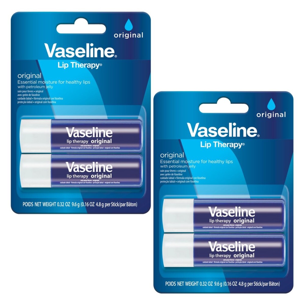 Vaseline Lip Therapy Care Original, Fast-Acting Nourishment, Ideal for Chapped, Dry, Cracked, or Damaged Lips, Lip Balm, 2-Pack of 2, 0.16 Oz Each, 4 Lip Balms