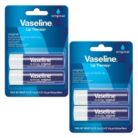 Vaseline Lip Therapy Care Original, Fast-Acting Nourishment, Ideal for Chapped, Dry, Cracked, or Damaged Lips, Lip Balm, 2-Pack of 2, 0.16 Oz Each, 4 Lip Balms