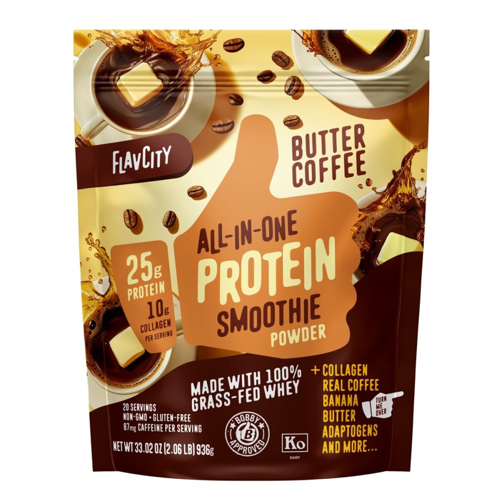 FlavCity Grass Fed Whey Protein Powder - Butter Coffee - 25g Protein, 10g Collagen & 87mg Caffeine - Made with Organic Reishi & Cordyceps - Gluten Free & No Added Sugars (20 Servings)