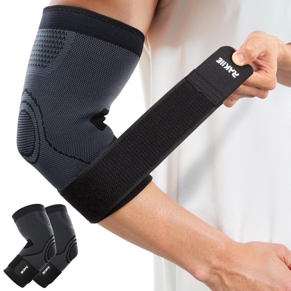 Rakiie Elbow Compression Sleeve 2 Pack, Elbow Brace for Tendonitis and Tennis Elbow, Pain Relief Brace for Men & Women, Sleeve Reduce Joint Pain for Tennis, Golfer, Workouts, Black (S)