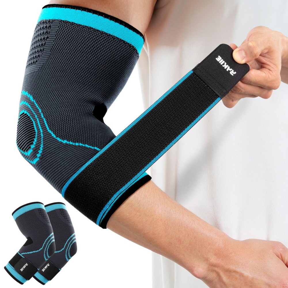Rakiie Elbow Compression Sleeve 2 Pack, Elbow Brace for Tendonitis and Tennis Elbow, Pain Relief Elbow Brace for Men & Women, Elbow Sleeve Reduce Joint Pain for Tennis, Golfer, Workouts, Blue (XL)